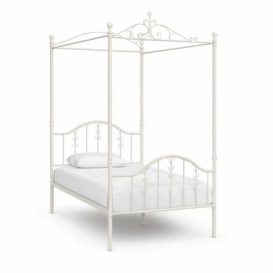 Twin Four-Poster Canopy Bed Frame, White, 78.7 x 41.3 x 82.7 in