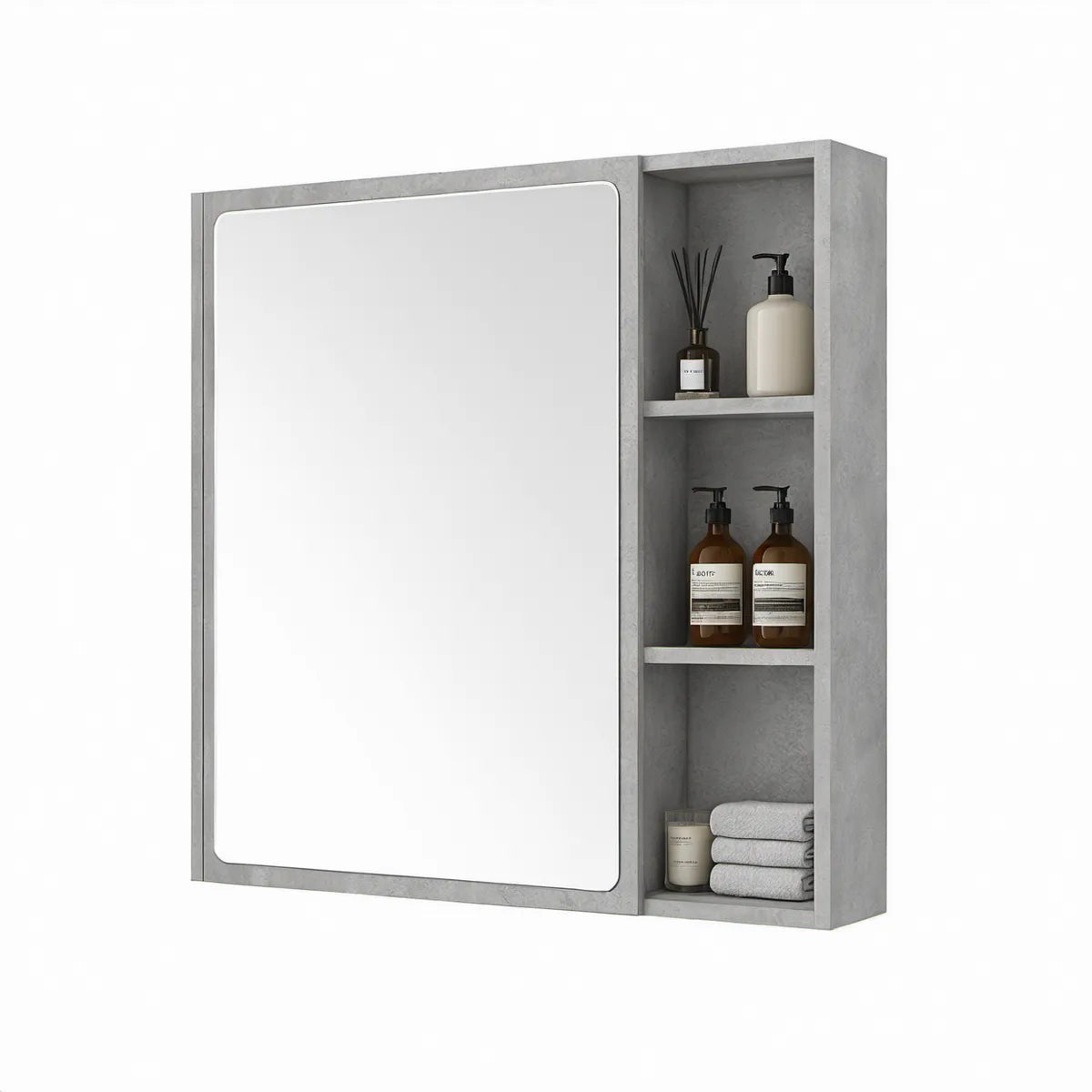 Gray Concrete-Look Wall-Mounted Mirror Cabinet with Right-Side Open Shelves, 24 x 5 x 32 in