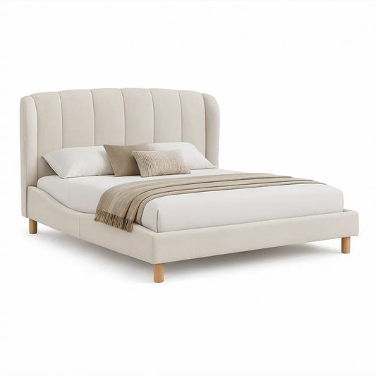 King Upholstered Platform Bed Frame, 76 x 80 in, Curved Channel-Tufted Polyester Headboard, Cream