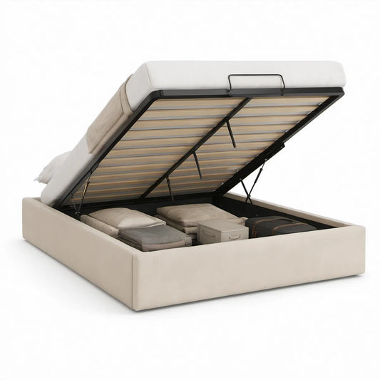 Queen Upholstered Lift-Up Storage Bed Frame, Beige/Black, 64 x 83 x 42 in