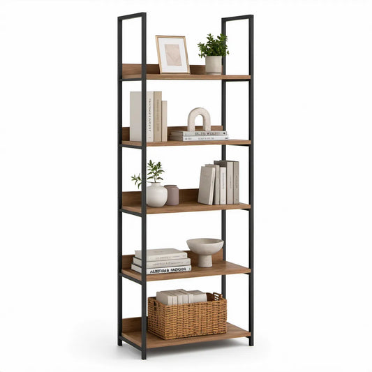 5-Tier Tall Bookcase with Steel Frame and Engineered Wood Shelves, Walnut and Black, 31.5 x 13.8 x 70.9 in