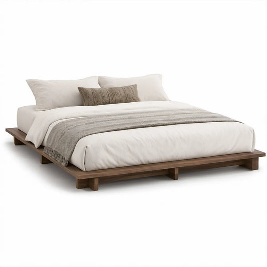 Queen Solid Rubberwood Platform Bed Frame, 60 x 80 in, Walnut Brown