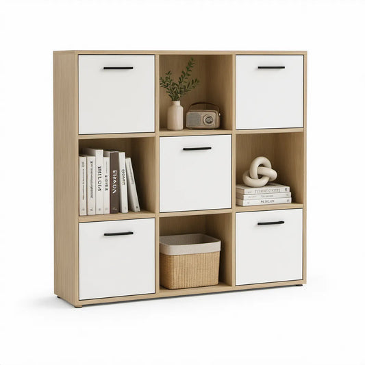 47.2 in W x 11.8 in D x 47.2 in H Cube Storage Bookcase with 5 Fabric Drawers, Natural Oak, White and Black